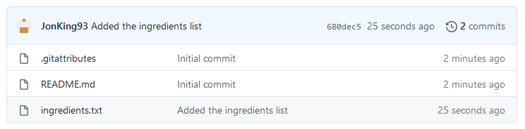 The remote repository now includes the file 'ingredients.txt'.